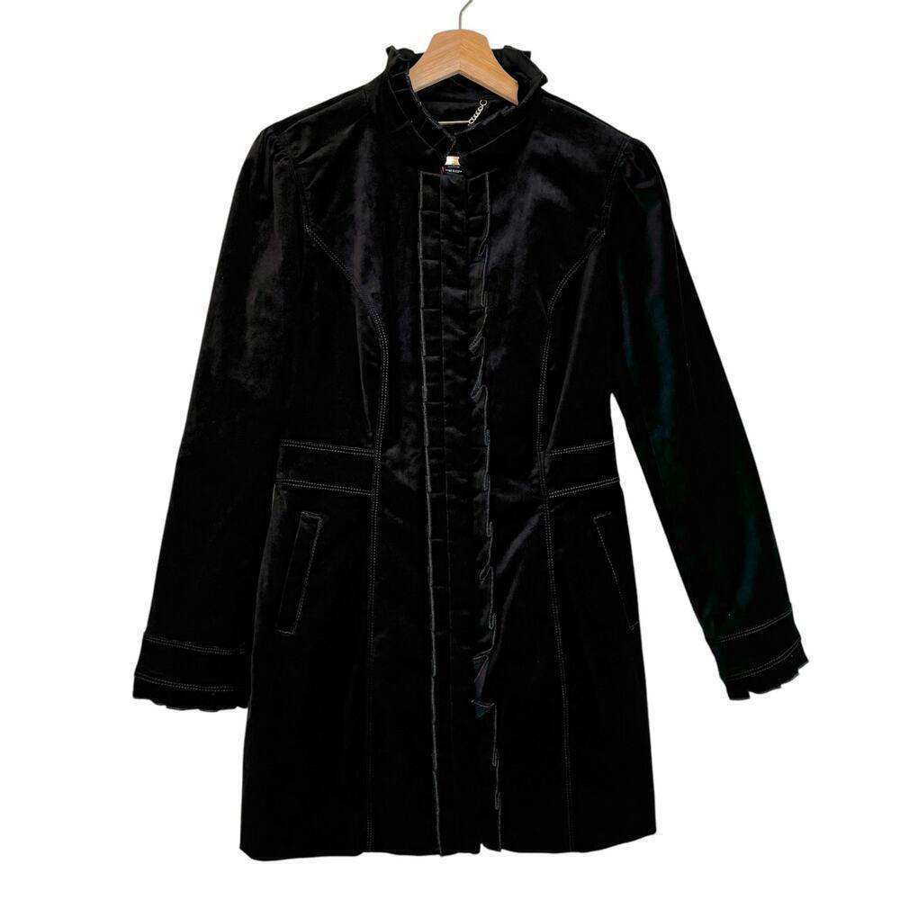 White House Black Market Velvet Jacket Sz Small Ruffle Neck n Closure Mid Length